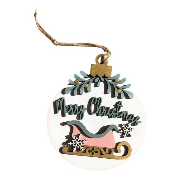 Whimsical  Merry Christmas Holly Snowflake Sled Ornament Hand Painted Wood - Picture 3 of 9